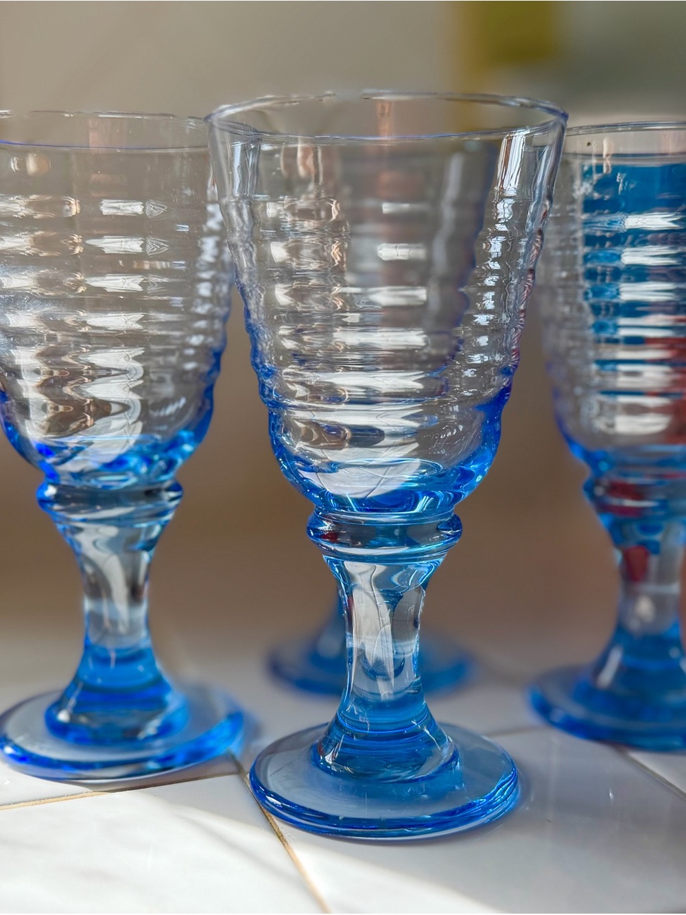 Set of Four, Vintage 90s Blue Ribbed Glass Goblets - Set of Decorative Glasses